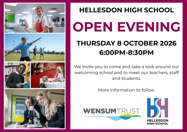 SAVE THE DATE HELLESDON HIGH SCHOOL OPEN EVENING THURSDAY 2 OCTOBER 2025 600 830PM